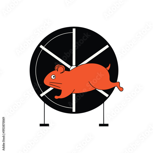 Minimalist illustration of a mouse running on a wheel with a modern design isolated on White Background