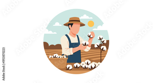 A farmer in a straw hat harvests white cotton bolls from a plant into a basket in a brown field under a sunny sky.