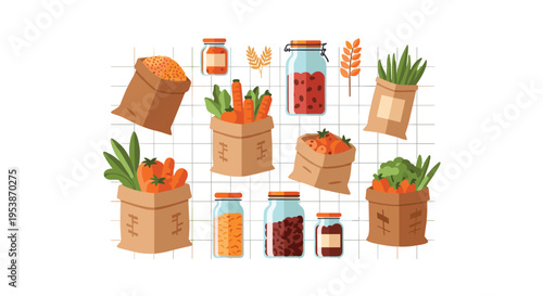 An assortment of fresh produce in brown sacks and dry goods in glass jars is displayed with wheat stalks on a white grid background.