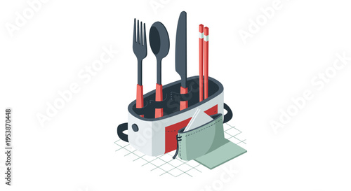 A portable cutlery set with a fork, spoon, knife, and chopsticks is stored in a white and red fabric case with a green napkin on a tiled surface.