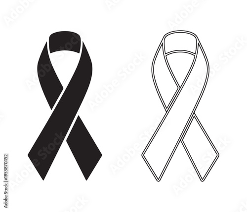 Black awareness ribbon alongside its outline design illustration