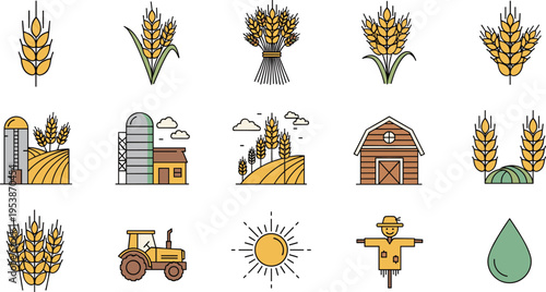 Collection of sixteen colorful agriculture and farming icons, featuring wheat, barn, tractor, silo, scarecrow, sun, water droplet, crops, and rural lifestyle concept artwork