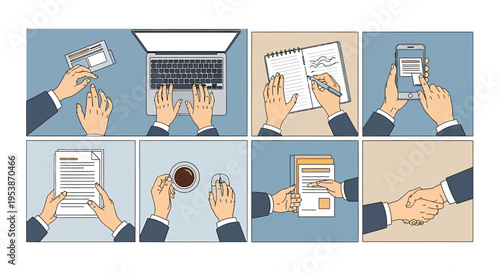 A sequence of illustrations depicting common business activities, from typing on a laptop to signing documents and shaking hands, highlighting professional collaboration and workflow