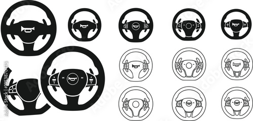 Collection of steering wheel icons in solid and outline styles, showcasing automotive design, control buttons, horn symbols, cruise control, volume, and modern vehicle interface concepts