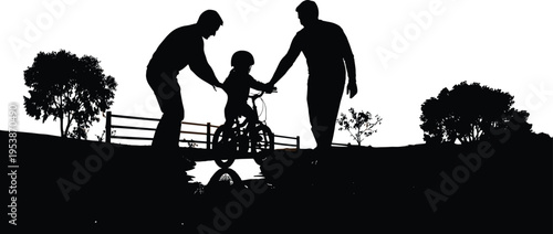 Silhouette illustration of child learning to ride bicycle with parental guidance, symbolizing family support, care, bonding, outdoor activity, lifestyle, parenting, love, and togetherness concept art