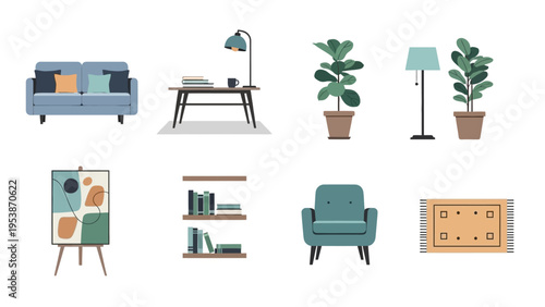 Cozy Home Interior Elements Collection: Sofa, Plants, Art, Bookshelf, Rug