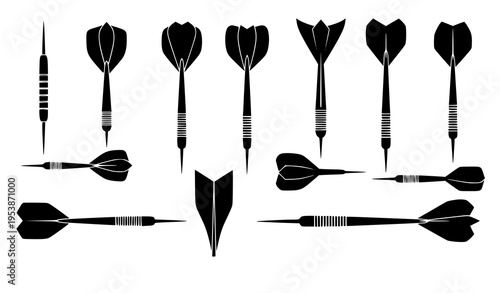 Dart silhouettes vector set with flight shape variations target game icons