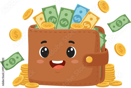 A cheerful cartoon wallet character is depicted overflowing with various denominations of bills and gold coins, symbolizing financial abundance and wealth accumulation.