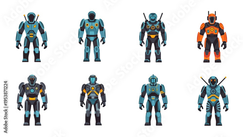 Futuristic Robots: Set of 8 Sci-Fi Androids in Blue, Orange, and Black