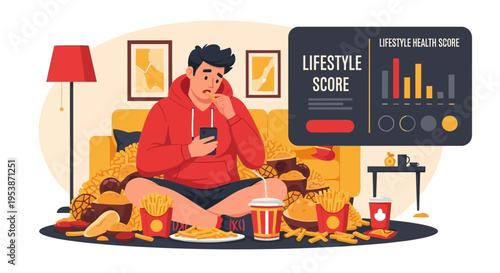 Sad young man surrounded by unhealthy fast food.