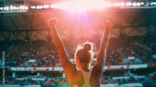 Triumphant celebration of victory in a vibrant sports arena