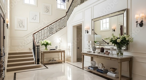 A bright and elegant foyer featuring a staircase, console tables, and decorative wall art pieces