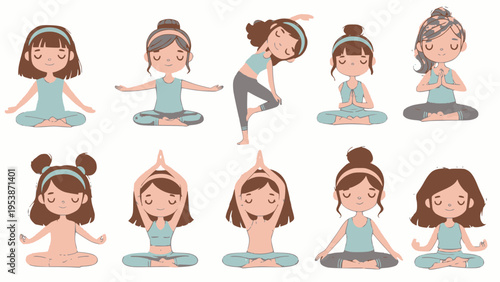 Diverse girls practice various yoga poses.