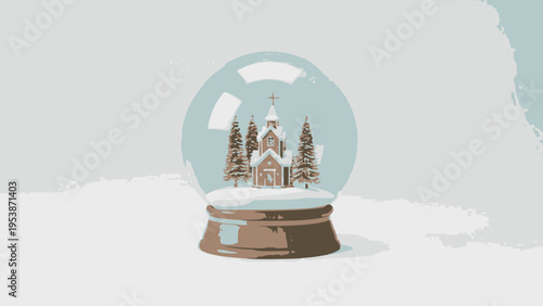 Glass globe contains church scene with pine.