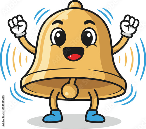 A cheerful cartoon golden bell with arms and legs is depicted ringing loudly, illustrated with blue sound waves emanating outwards. The character has a wide smile and excited eyes.