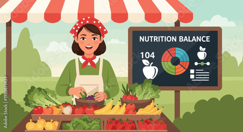 Smiling Woman Farmer Selling Fresh Produce at Market Stall.