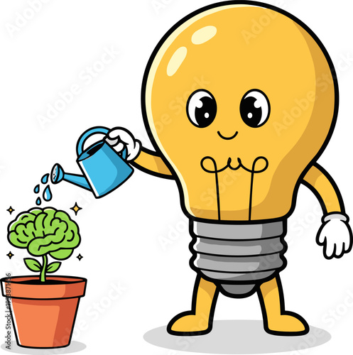 A cartoon light bulb character holds a watering can and waters a small brain plant growing in a pot, symbolizing the nurturing of ideas and knowledge.
