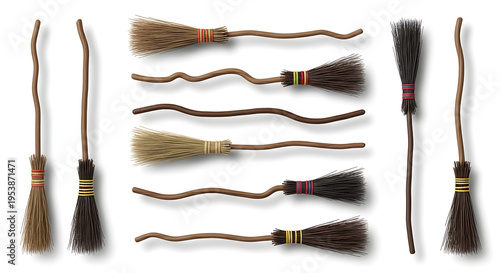 Arrangement of several witch brooms with wooden handles and straw bristles on a white background