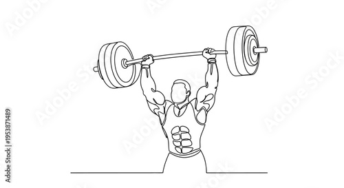 Weightlifter performing overhead press, single line drawing, fitness and strength concept