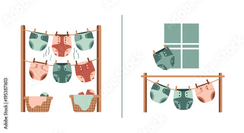 Cloth diapers in various colors hang on clotheslines to dry in two separate domestic scenes.