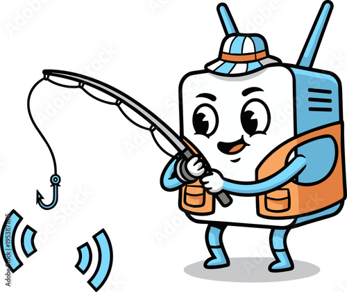 A cartoon robot character wearing a fishing vest and hat holds a fishing rod. It appears to be fishing for a signal, represented by wireless network symbols.