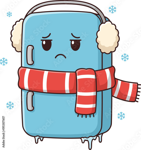 A sad, blue cartoon refrigerator wearing a red and white striped scarf and fluffy ear muffs, surrounded by snowflakes and ice. It looks cold and unhappy.