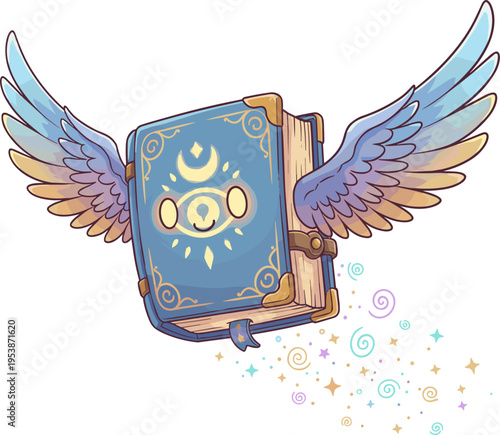 A whimsical pixel art illustration of a magical blue book with feathered wings, soaring through a background filled with sparkling stars and colorful swirls, suggesting enchantment and adventure.