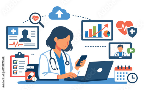 Doctor working with medical data, telehealth platforms, and cloud technology, providing remote healthcare for patients