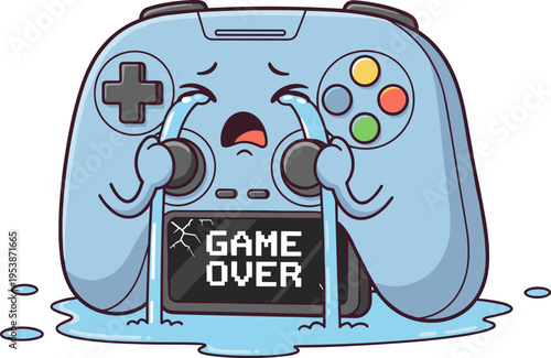 A pixel art illustration of a blue game controller crying with a 'Game Over' screen. The controller has a sad, distressed face and is surrounded by tears.