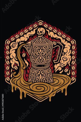 Ornate espresso moka pot illustration with skull and flames