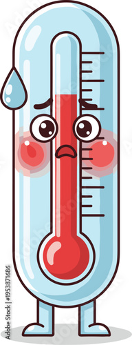 A pixel art illustration of a sad thermometer character with rosy cheeks and a sweat drop. It depicts sickness or discomfort.
