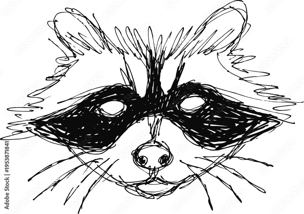 Obraz premium Hand drawn raccoon face sketch, black and white minimalistic wildlife illustration