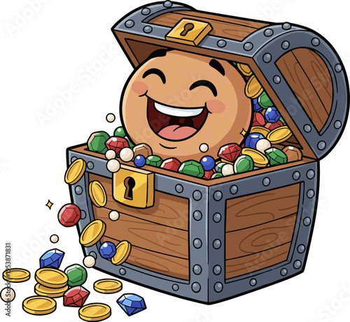A cartoon treasure chest overflowing with colorful jewels and gold coins. A happy face peeks out from the top, expressing joy and excitement.