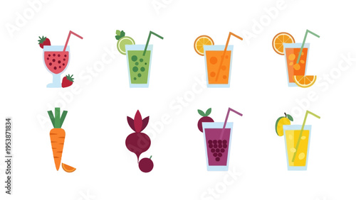Healthy Fruit and Vegetable Juices Collection: Fresh Drinks and Ingredients