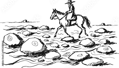 Cowboy riding horse through rocky riverbed with flowing water and scattered large stones