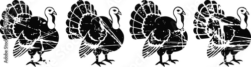 Four identical black silhouette turkeys in a row, facing right, with detailed feather and body shapes