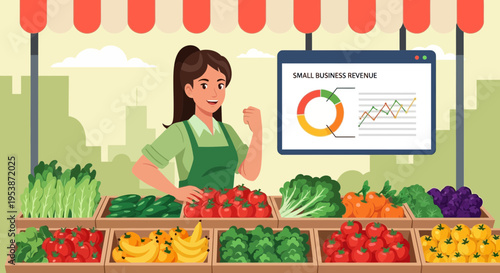 Woman farmer proudly standing at fresh produce stall displaying business growth chart.