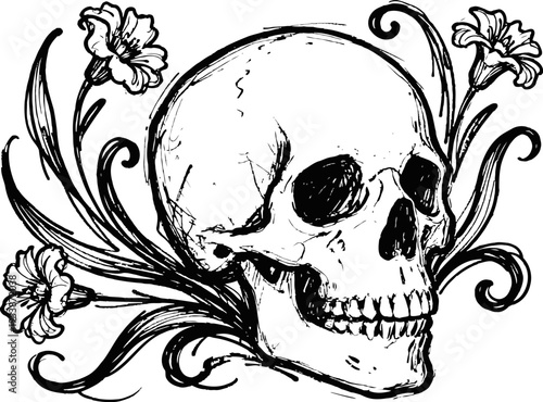 Skull with floral decoration hand drawn human skull surrounded by blooming flowers and swirling leaves design