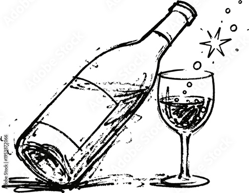 Wine bottle pouring sparkling wine into glass with bubbles and star shape celebration