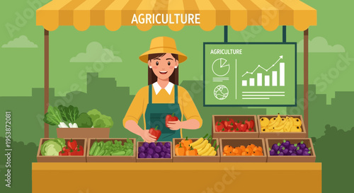 Woman farmer selling fresh organic produce at market stall.