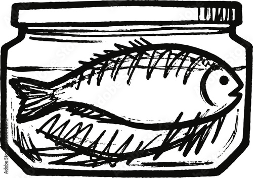 Fish preserved in jar isolated black and white sketch pickled seafood and canned aquatic food container illustration