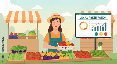 Woman farmer selling fresh produce at market stall 1.