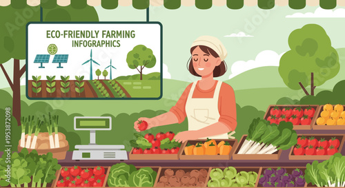 Woman farmer selling fresh organic vegetables at market stall.