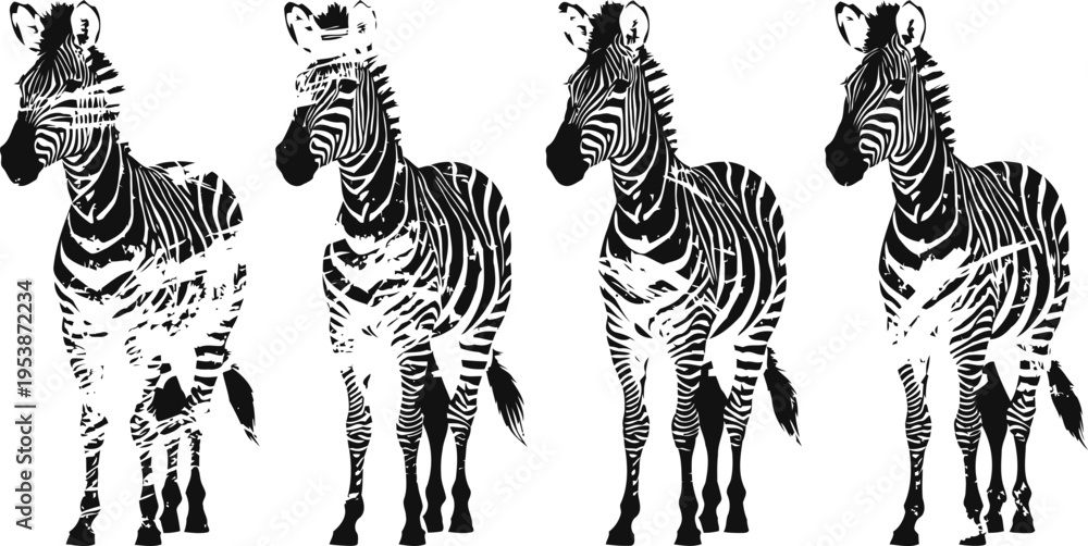 Obraz premium Four zebras standing in a row facing forward with black and white stripes isolated on white background
