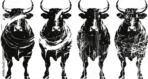 four black and white distressed bull silhouettes, grunge texture, front view cattle herd design