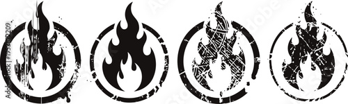 set of four black flame icons with distressed and grunge textured styles