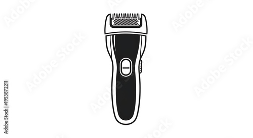 A black and white illustration of an electric shaver with a detailed cutting head and power button
