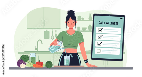 Woman pouring water into glass for daily wellness checklist.