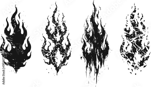 Set of four black grunge fire flames abstract blazing heat shapes with distressed splatter textures and dynamic movement
