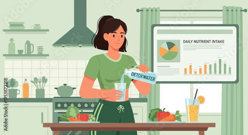 Woman pouring fresh water into glass healthy lifestyle.